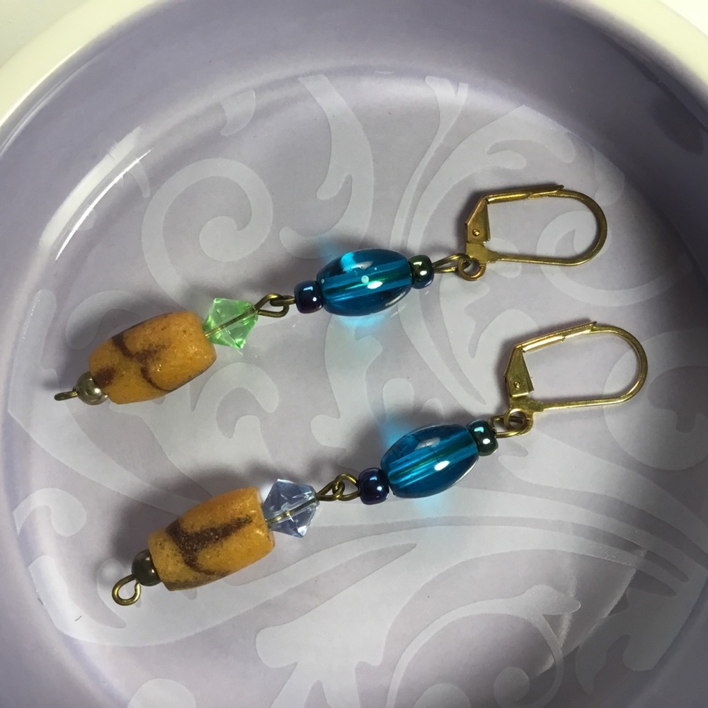 Earrings Blue Leverback Dangle Boho Retro
